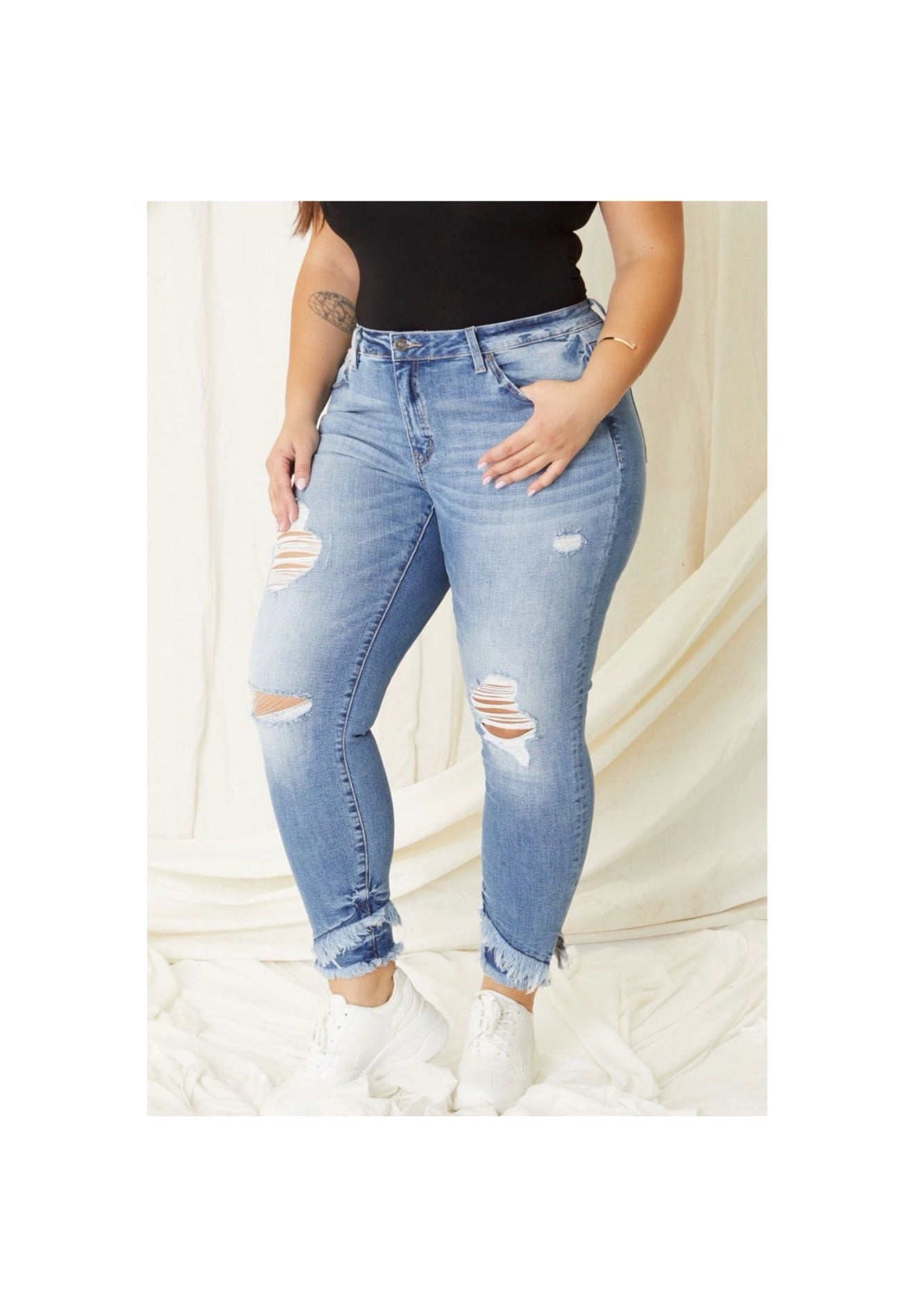 Distressed Jeans with fringe hemmed denim by Kancan - Barbed Wire & Lace Boutique 