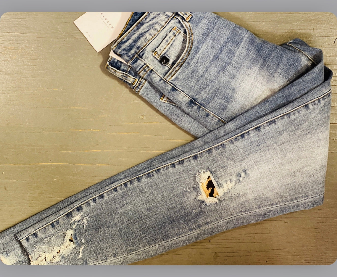 Sale- Our last two pairs -Kancan denim with a peek of leopard - Barbed Wire & Lace Boutique 